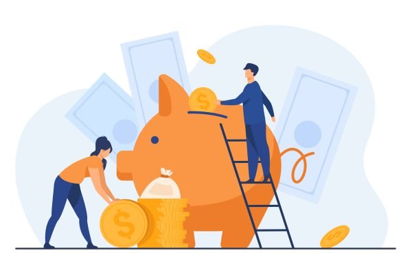 Saving money financial concept. Cartoon people inserting cash into piggy bank, getting and investing income. Vector illustration for fund, investment, deposit topics